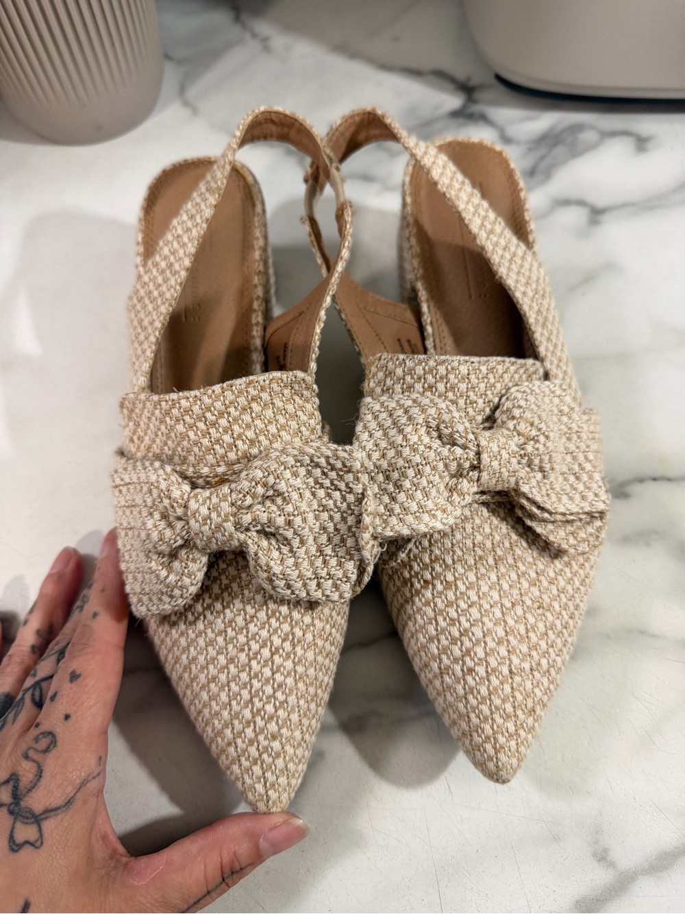 ASOS Cream Woven Pointed-Toe Slingback Flats with Bow